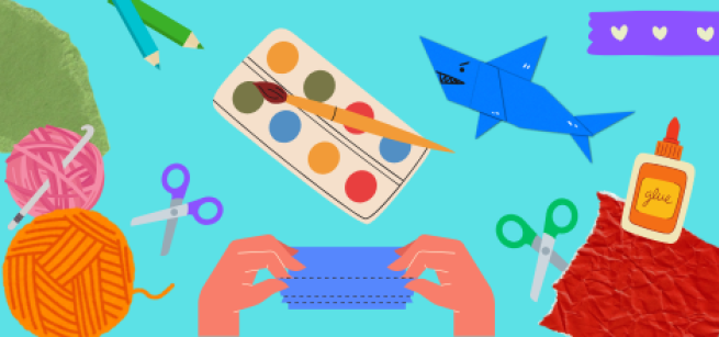 A collage of craft materials such as yarn, glue, scissors, paper, an origami shark and hands folding paper