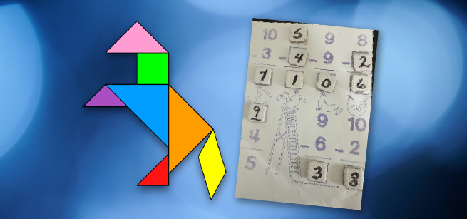 To the left is an image of a horse tangram and to the right is an image of a math worksheet with number tiles completing the equation.