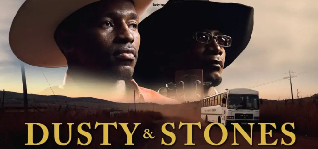 Country musicians Dusty and Stones from Eswatini are shown superimposed above a mural highways, both wearing cowboy hats and looking out into the distance.