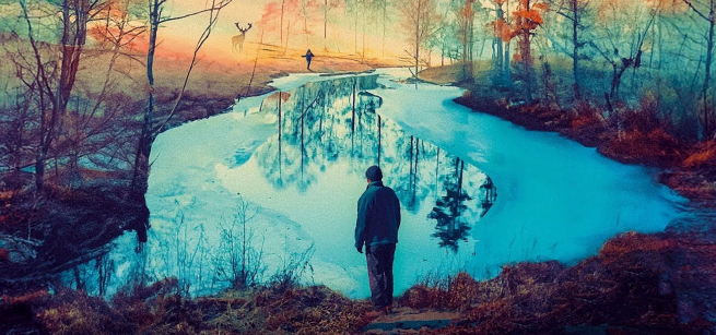 Film still from Evil Does Not Exist, a man stands by a stream, there's a stag and a person in the distance
