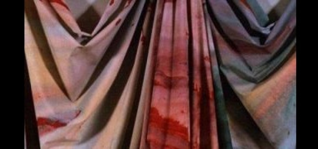 A portion of the colorful, sixty-seven-foot-long, draped canvas - part of Sam Gilliam's 1972 artwork Carousel
