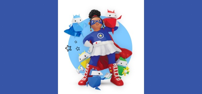 On a blue background is an image of a cartoon woman in a superhero mask and costume with four small robot like creatures around her.