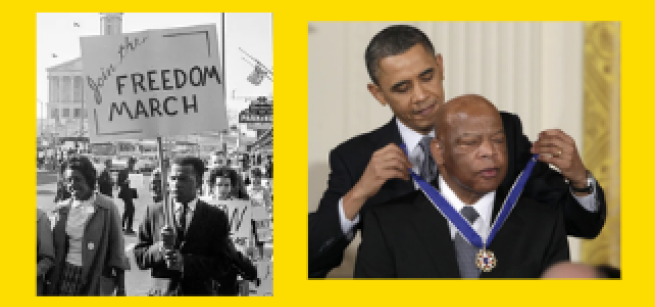A photo of John Lewis holding a sign that reads: "Join the Freedom March" as he walks with other people, next to a photo of President Obama presenting John Lewis with the Presidential Medal of Freedom.