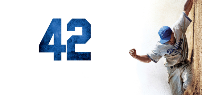 Movie poster featuring the number 42 and a baseball player sliding.  