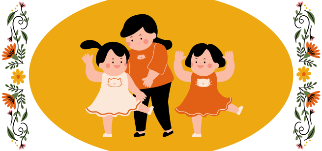 illustrated graphic of two little girls dancing with an adult