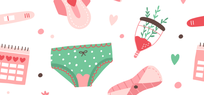 green and pink period products float on a white background