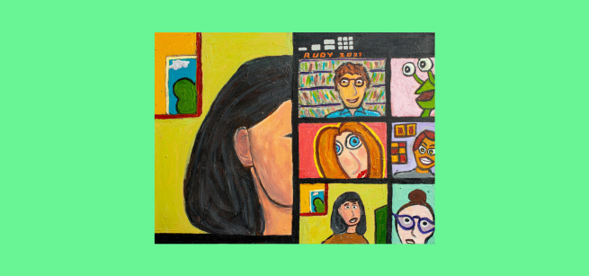 Rudy Rucker painting of a Zoom meeting