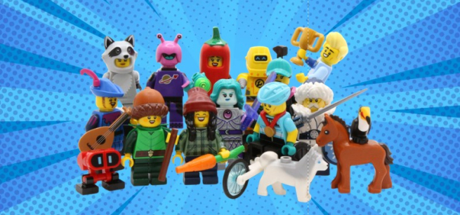 LEGO character and animals gathered together against a blue comic strip background. 