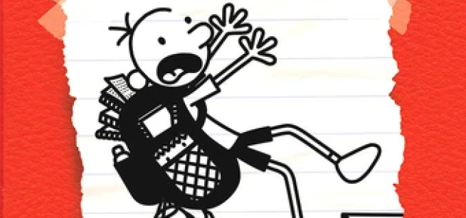 Black and white drawing on a piece of notebook paper of a boy falling backwards wearing a backpack.