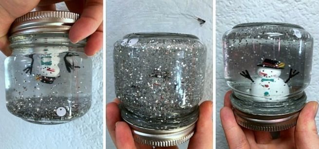 three images showing a snowglobe right side up, upside down, and right side up again with glitter spreading