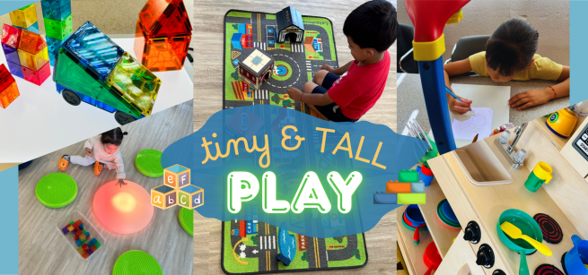 Children playing with magnatiles, light tables, a toy car town, play kitchen, and tracer