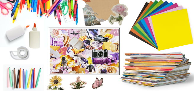 Crafting images that include markers, scissors, glue, tape, paper, magazines, and clippings