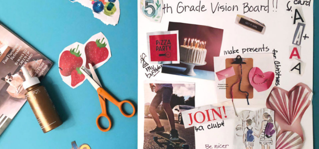 The words Vision Board along with various pictures and tools for making a vision board are in the picture