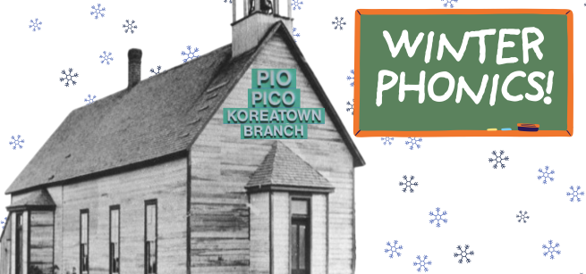 Black and white school house with snowflakes. 