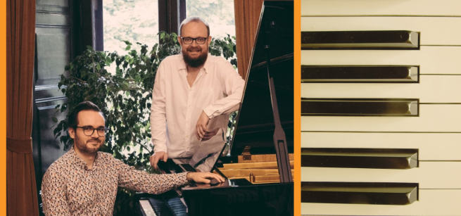 The two members of the Zarebski Piano Duo pose in front of a piano; a picture of piano keys