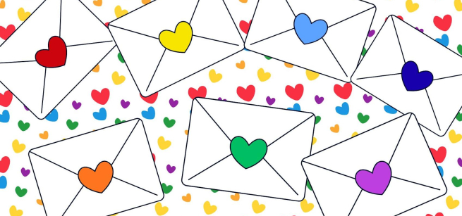 A rainbow of hearts spreads across a white background as white envelopes overlap with a variety of heart shaped stickers. 