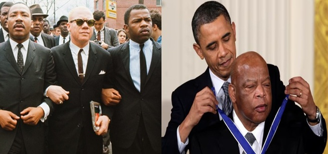 Men walking arm in arm and President Obama awarding medal to John Lewis