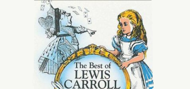 Alice holds a hoop with the title "The best of Lewis Carroll "the rabbit's ears and queen of hearts surround the hoop