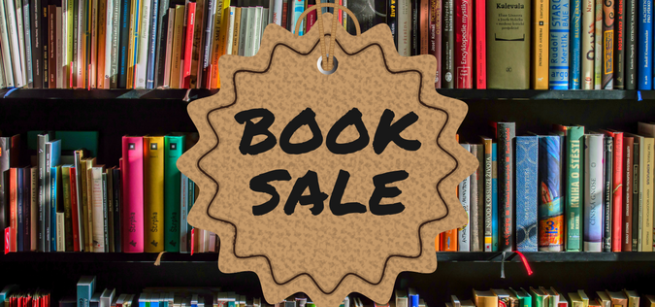 a bookshelf with the text "Book Sale" in the center