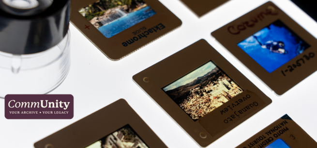 35mm slides against a light box with a photo loupe.