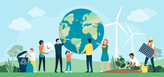 various people hold up the earth while showing green technology such as solar energy and a recycling trash bin