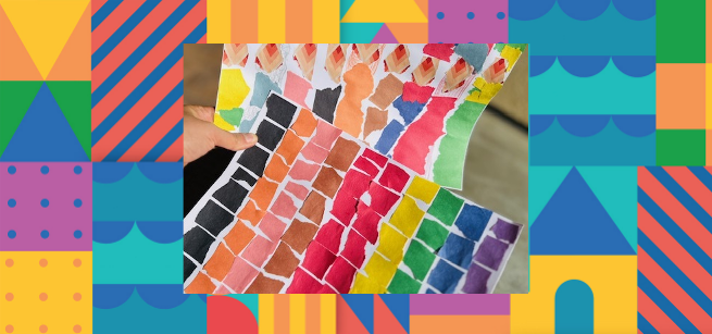 Colorful shaped tiles bordering a real life image of two art pieces made with construction paper, inspired by artist Alma Thomas.