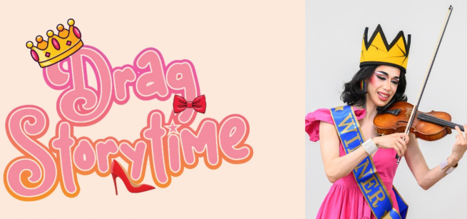 Photo of Angelina playing a violin and Drag Queen written in a pink puffy font.