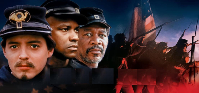 Three soldiers standing in a battlefield