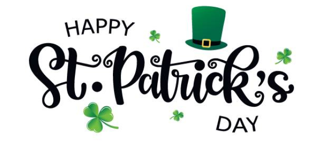 text reads Happy St Patrick's Day with a green top hat and a green clover