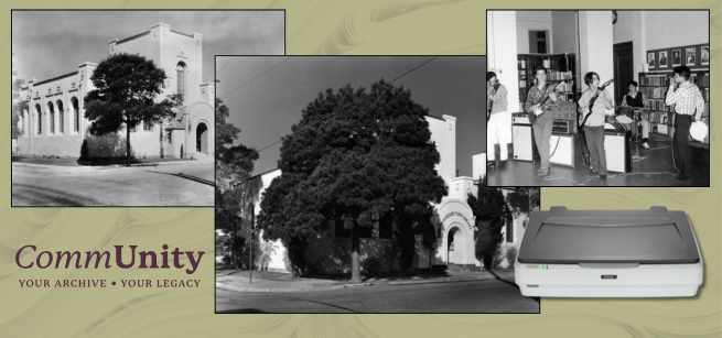 Former location of the Junipero Serra Branch against a light olive green background.  
