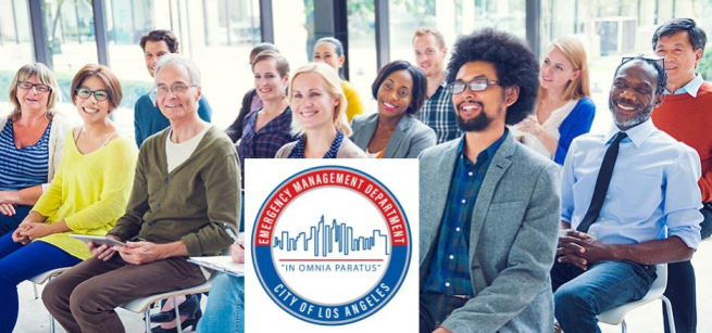Image of adults of various ages and ethnicities seated listening to a lecture. The logo for the City of Los Angeles Emergency Management Department is included.