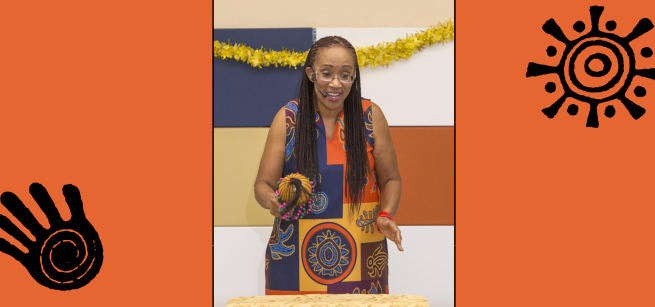 A woman with a gourd calabash hand drum.