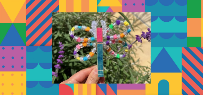 Colorful shape tiles bordering a real image of a butterfly crafted from clothespins, beads, and pipe cleaners.