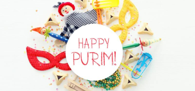 text reads Happy Purim surrounded with colorful masks, pastries, and dolls