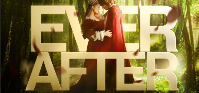 Man and woman embracing with large text over image