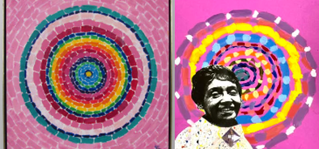 artist Alma Woosley Thomas and one of her mosaic art pieces