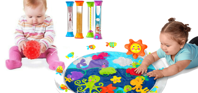 One baby playing with a textured ball and another baby crawling over a sensory water mat.