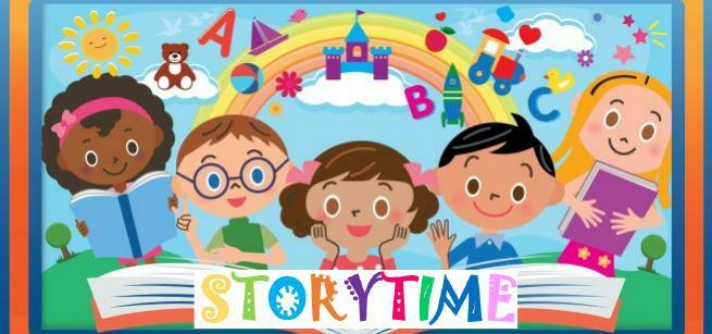 Illustrated picture of five children with a big book and a rainbow behind them.