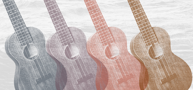 4 Ukuleles in halftone with a background of water