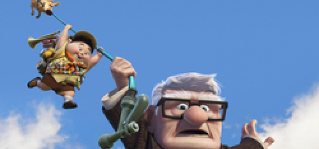 Pixar characters from Up floating in the sky