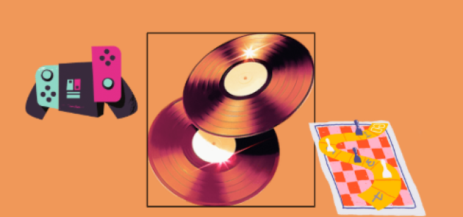 A game console, two vinyl records, and a game board on an orange background