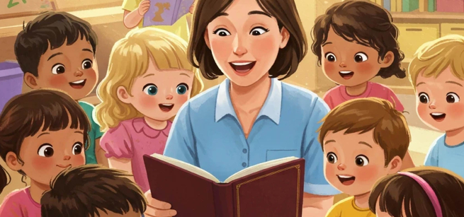 illustration of person reading to children