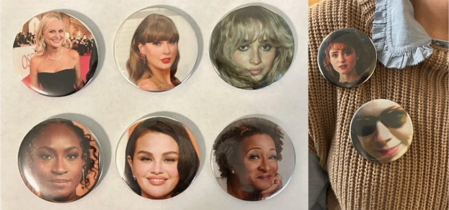 Image of wearable buttons featuring images of various female celebrities