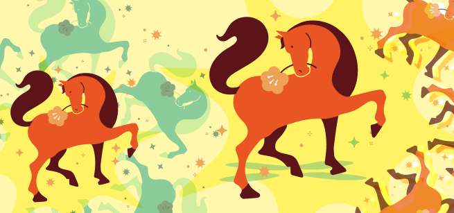 Orange horse with brown mane, tail and shadows, with a yellow background of green and orange horses.