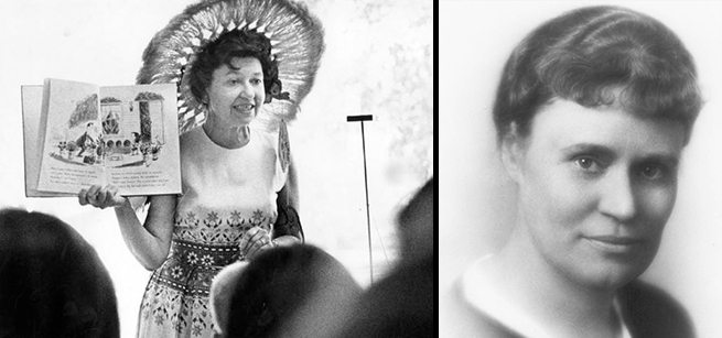 Two photos: Librarian Nettie Frishman reads a book to children alongside a portrait of Althea Warren