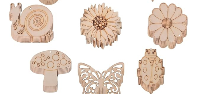 Wooden cutouts of flowers and insects. 