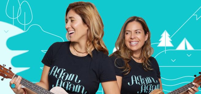 On a turquoise background are two smiling women holding ukuleles