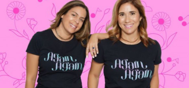 two persons wearing black t-shirts with Again Again logos