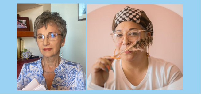 On the left is a photograph of Alicia Viguer-Espert, wearing glasses and a blue and white blouse. On the right is a photograph of Diosa Xochiquetzalcóatl, wearing glasses and a scarf on her head.