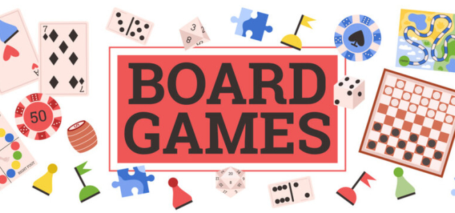 Image of board game materials and a sign that reads "board games"